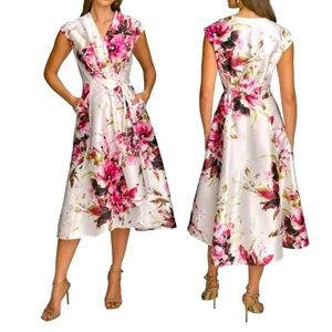 Donna Karan White Floral Wrap Midi Dress with Pink Accents